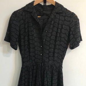 Vintage women's 1940s/1950s black eyelet cotton shirt dress, fits size 4/small